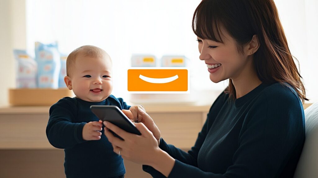 赤ちゃんと一緒にスマホでらくらくベビーの特典を確認している日本人ママの様子