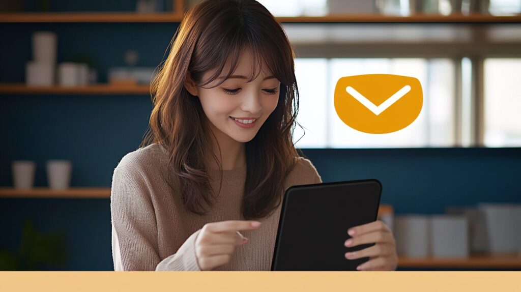 日本人女性がタブレットでメールクーポンを確認しているシーン、誕生日や限定クーポンの通知イメージ