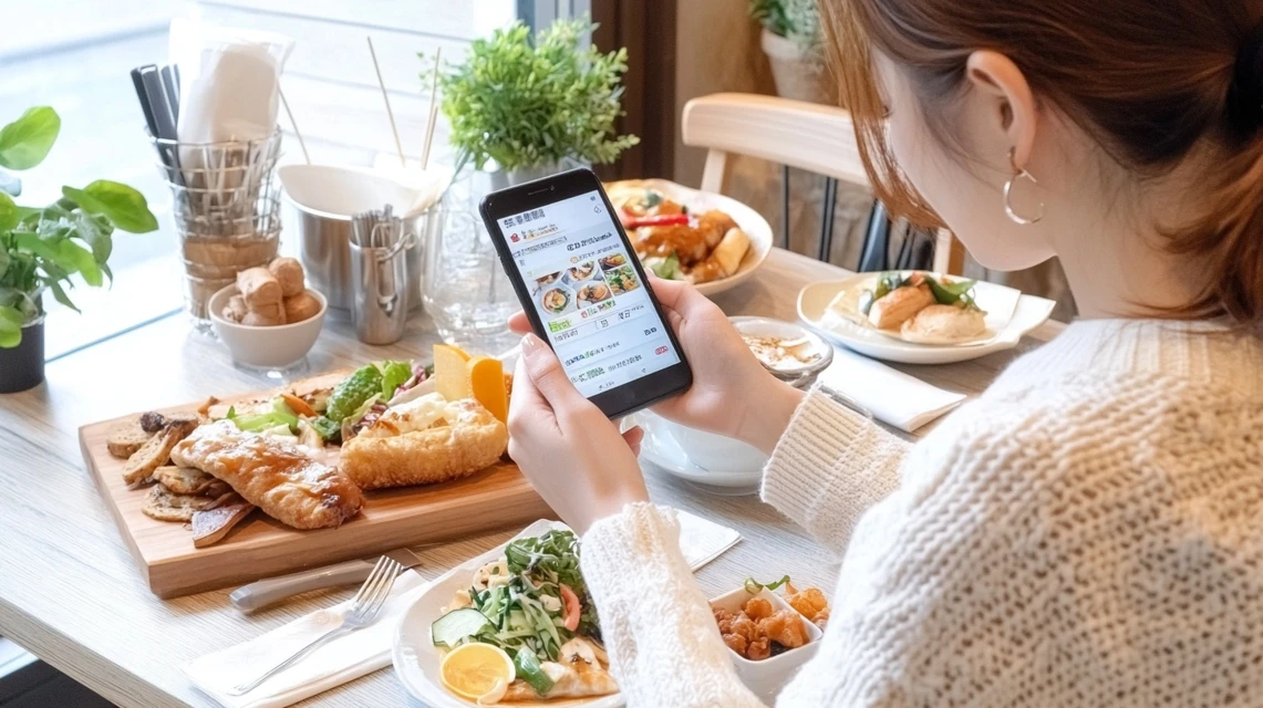 スマートフォンのアプリでクーポンもらおうとしている日本人女性のイメージ