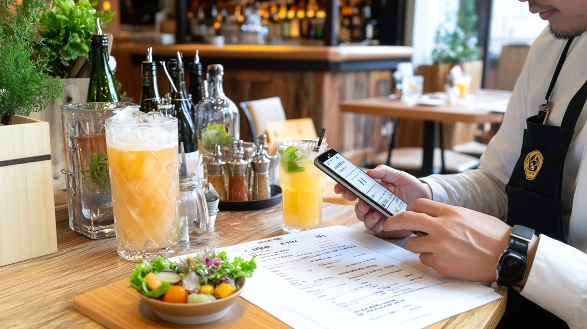 飲食店のテーブルでスマホアンケートに回答する日本人男性のイメージ
