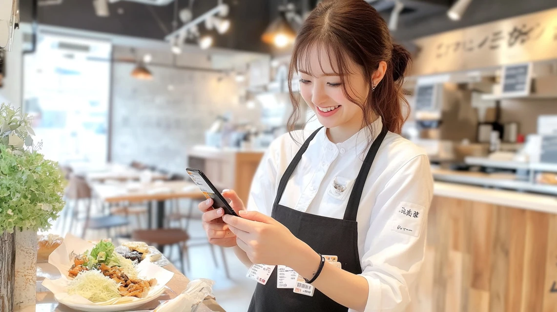 ポイントアプリをチェックする日本人女性のイメージ