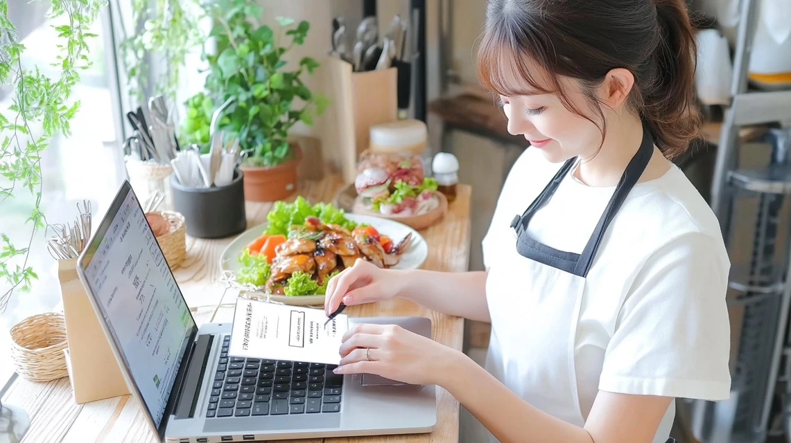 自宅でノートパソコンを使いネット予約を行う日本人女性のイメージ