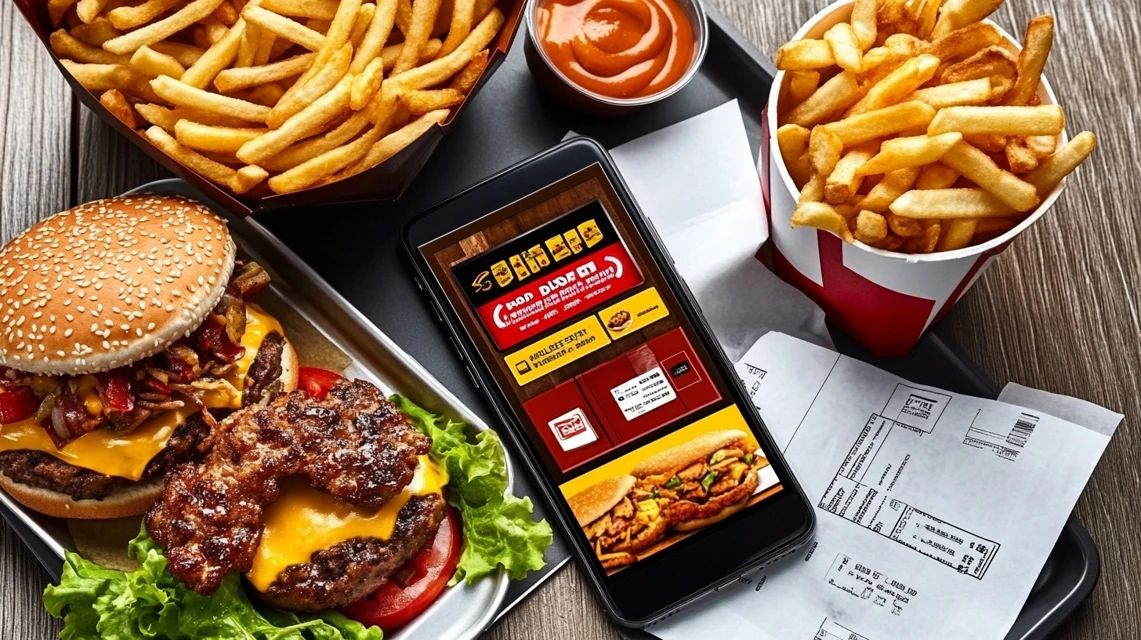 トレイの上にスマホとクーポン、ハンバーガーセットが並ぶイメージ