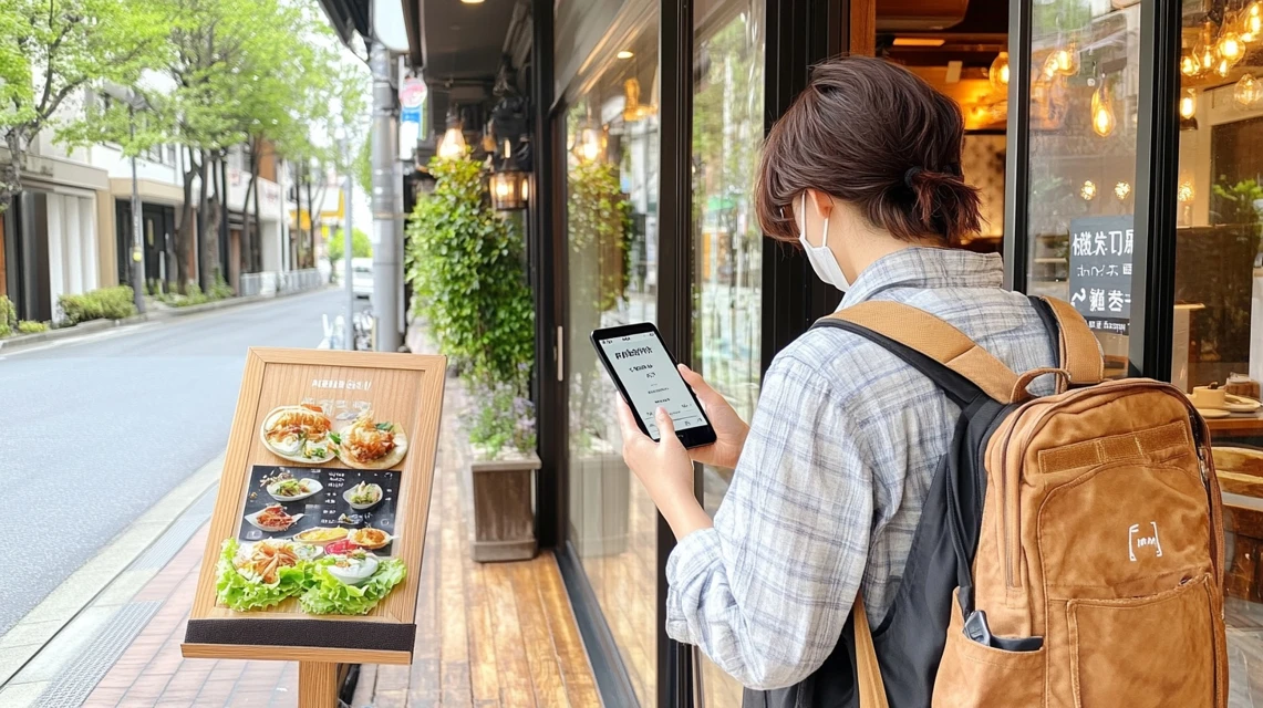 レストラン入り口で予約アプリを確認する日本人のイメージ