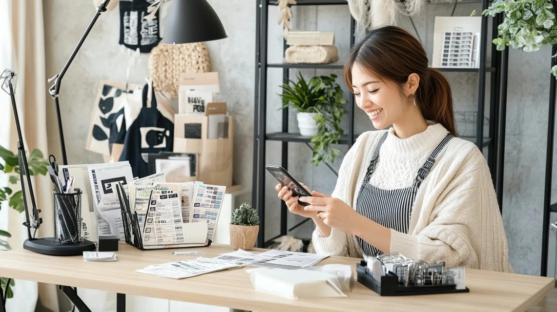クーポンの割引を確認しながらスマートフォンを使う日本人女性のイメージ