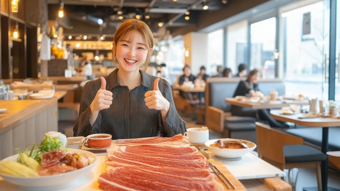 プレミアムカルビで笑顔を見せる日本人女性のイメージ