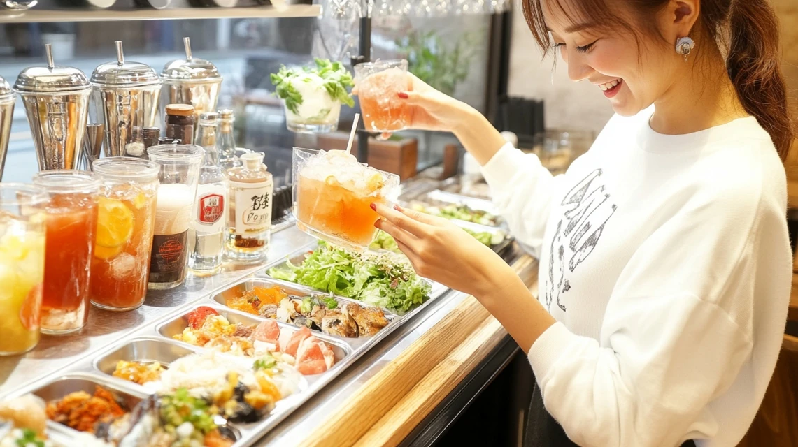 オリーブの丘のセルフ式ドリンクバーで飲み物を選ぶ日本人女性のイメージ