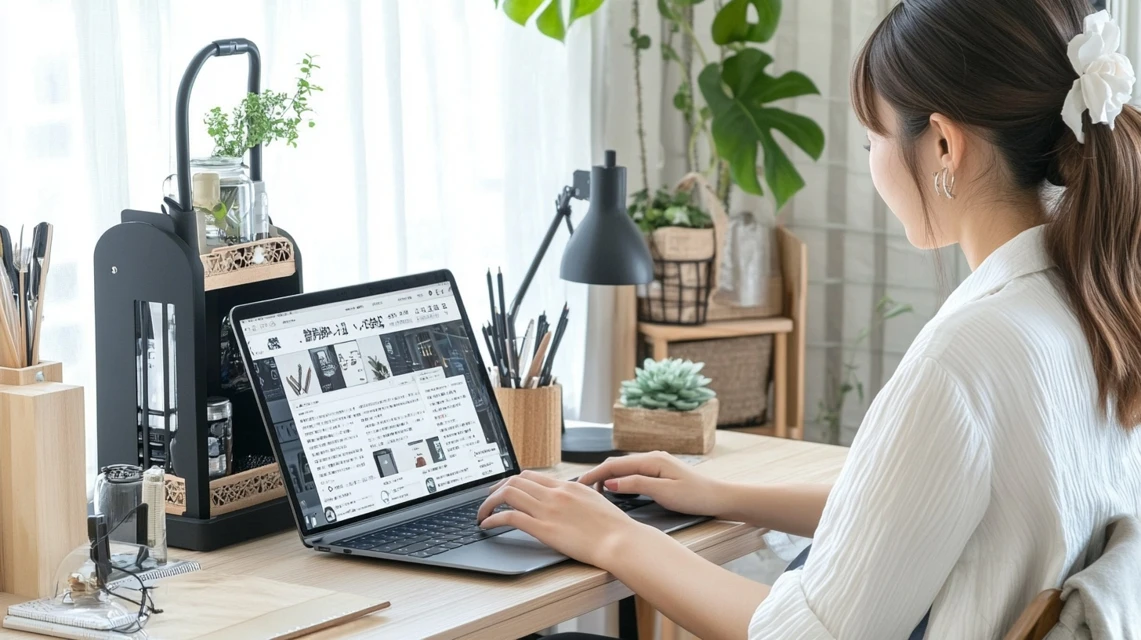 パソコンで知恵袋のクーポン情報を調べる日本人女性のイメージ