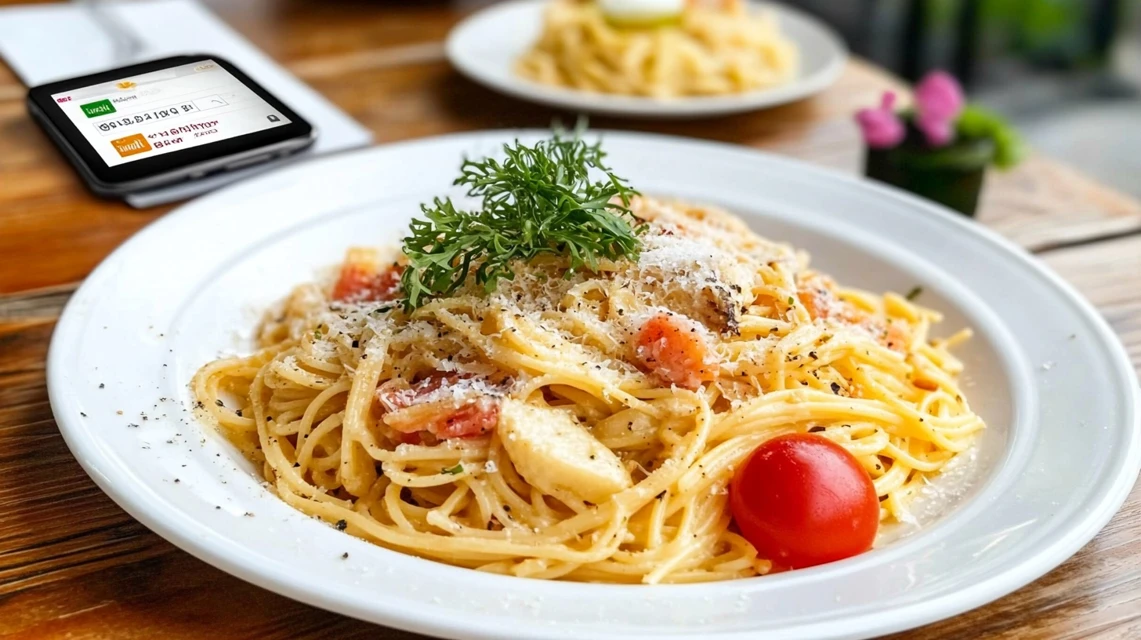 木製テーブルに置かれたパスタとスマートフォンの割引画面のイメージ