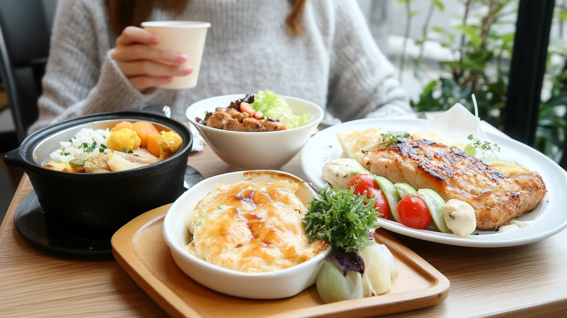 ランチセットを楽しむ日本人女性の明るい昼のレストラン風景イメージ
