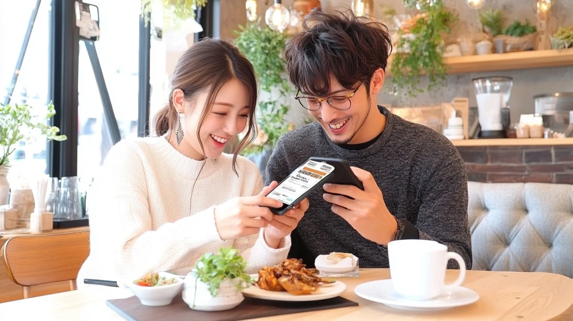 オリーブの丘のテーブルでスマートフォンのクーポン画面を見る日本人カップルのイメージ