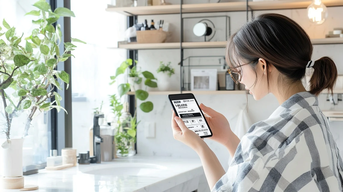 タイムセール中にスマートフォンとクーポンを見比べる日本人女性のイメージ