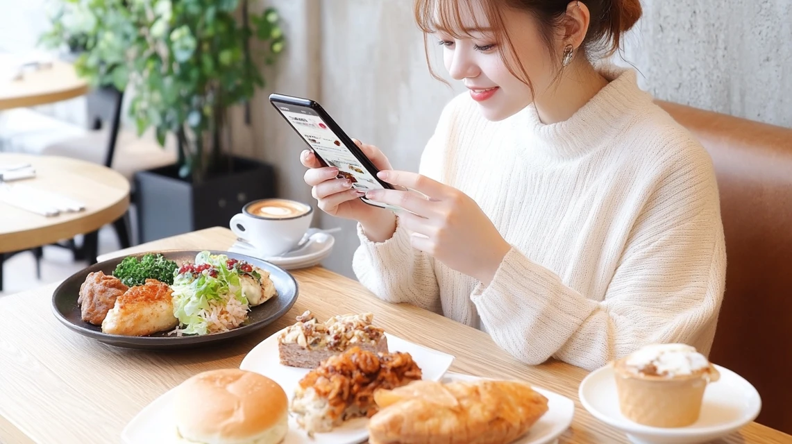 スマートフォンのアプリでオリーブの丘のクーポンを確認する日本人女性のイメージ