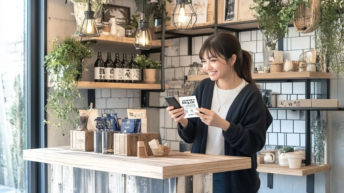 スマートフォンで初回クーポンを確認している日本人女性のイメージ