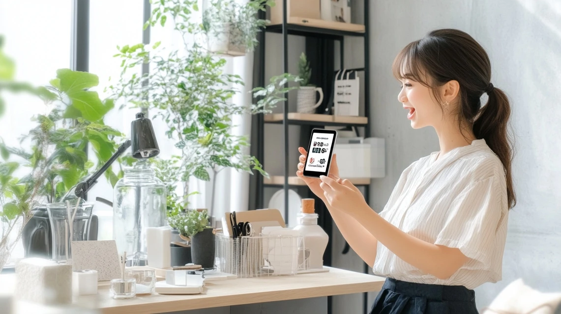 スマートフォンで特別セール通知を受け取る日本人女性のイメージ