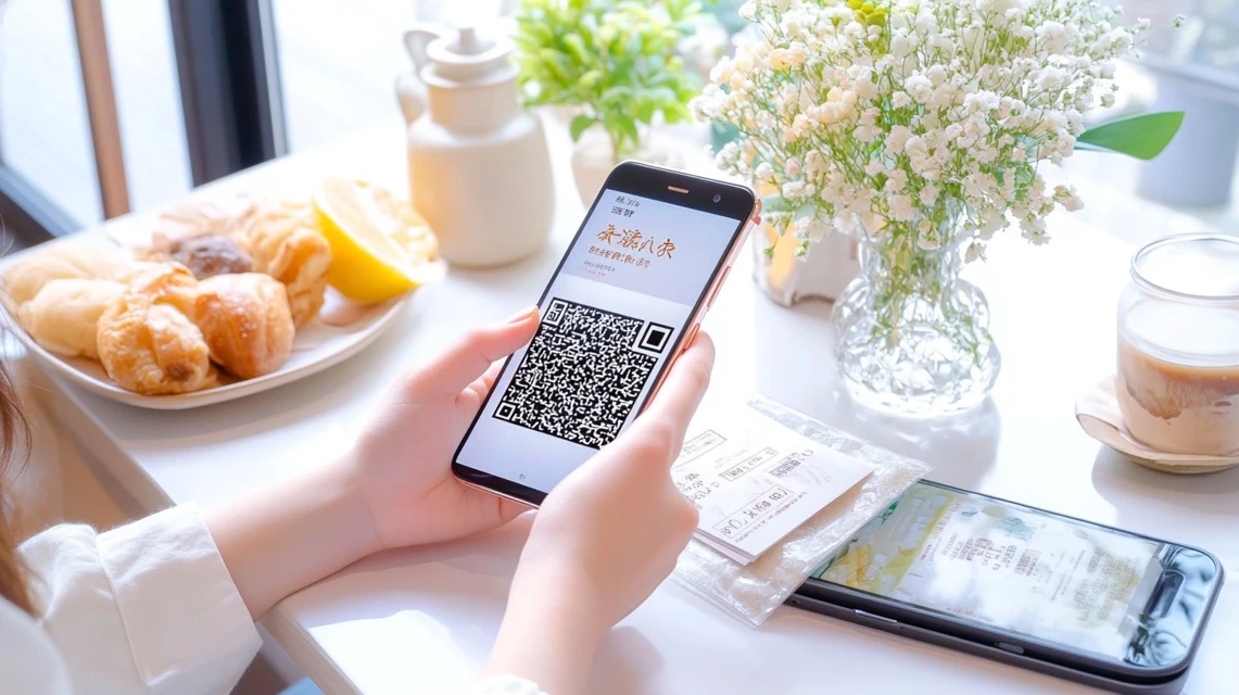 レシートのQRコードをスマートフォンで読み取る日本人のイメージ