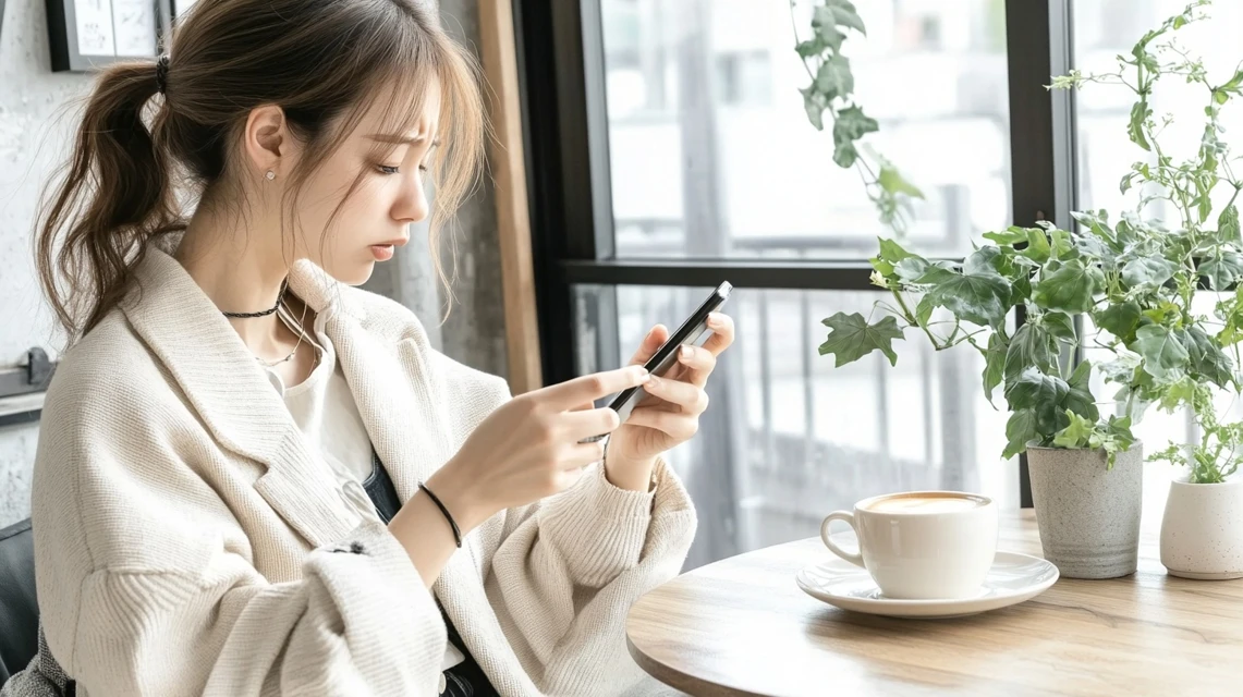 スマートフォンのクーポンが使えず困っている表情の日本人女性のイメージ
