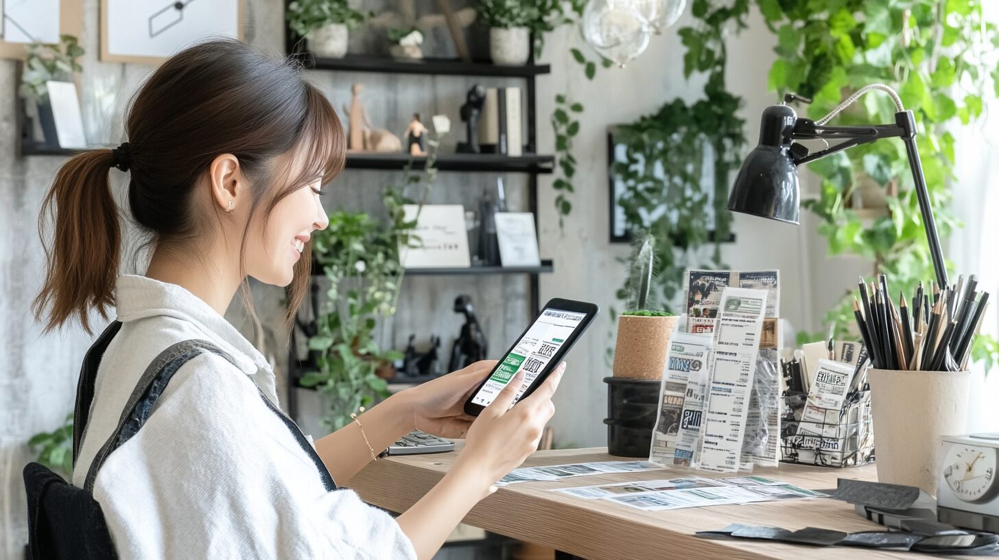 ショップリストのクーポンの割引を知恵袋で確認しながらスマートフォンを使う日本人女性のイメージ