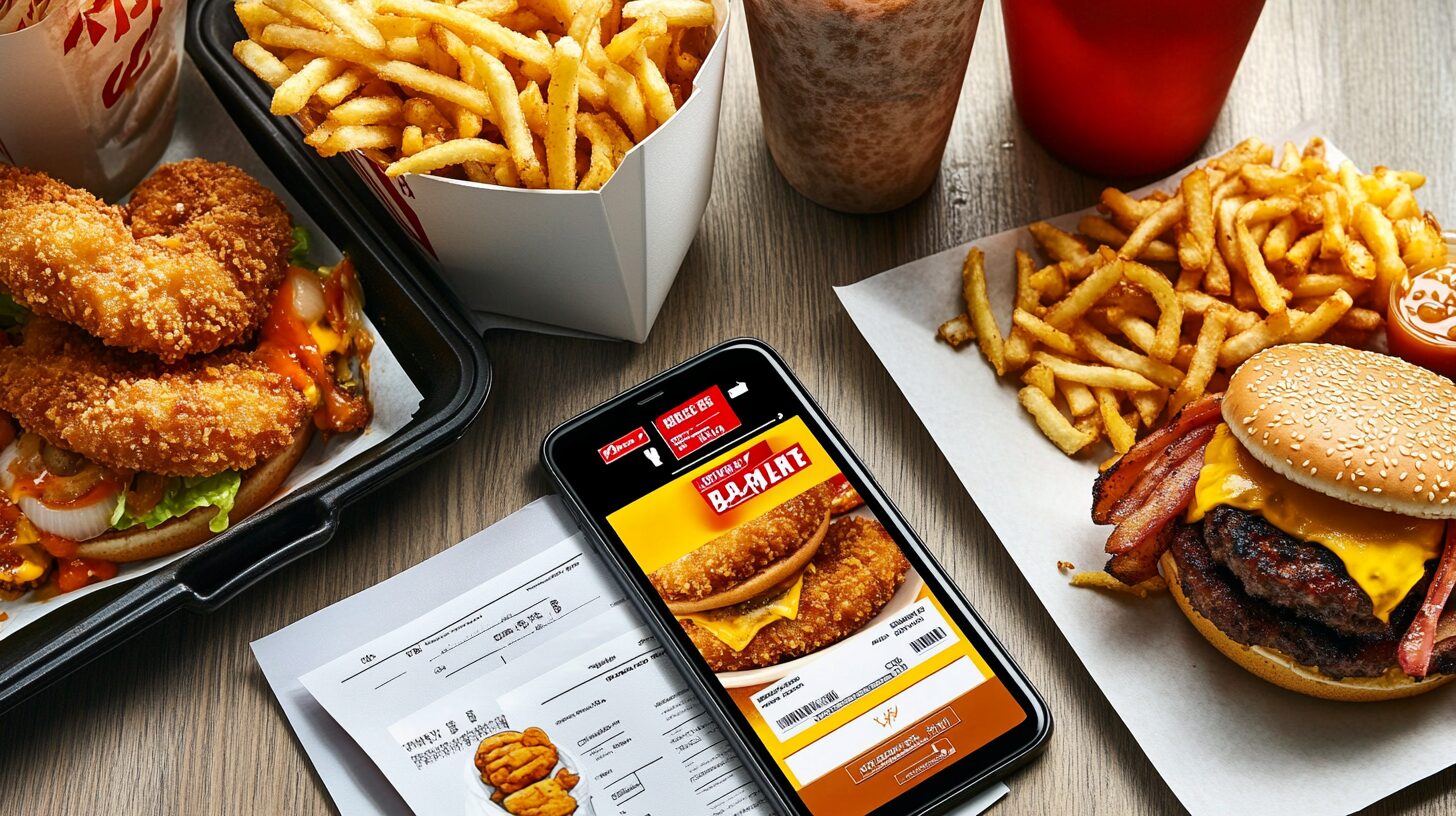 バーガーキングのトレイの上にスマホとクーポン、ハンバーガーセットが並ぶイメージ