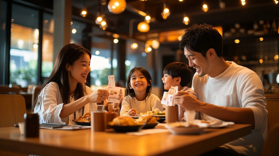 クーポンを使って楽しく食事をしている日本人家族のイメージ