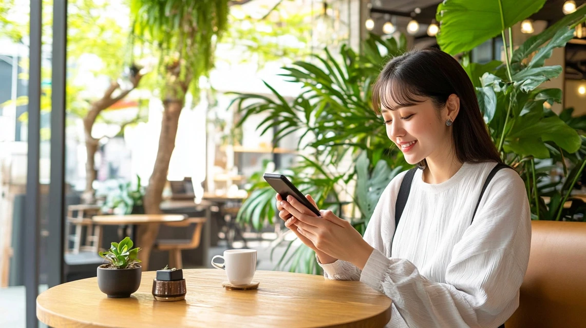 コナズコーヒー寝屋川店でクーポンをスマホから入手している日本人女性