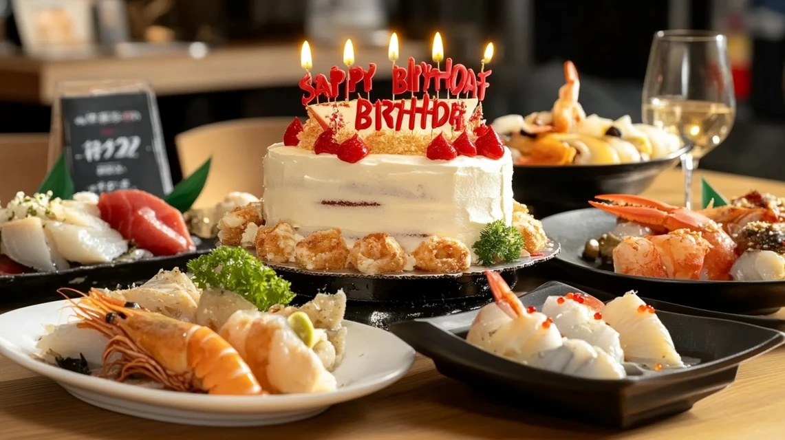 誕生日特典とクーポンを併用してシーフード料理を楽しむ日本人家族のイメージ