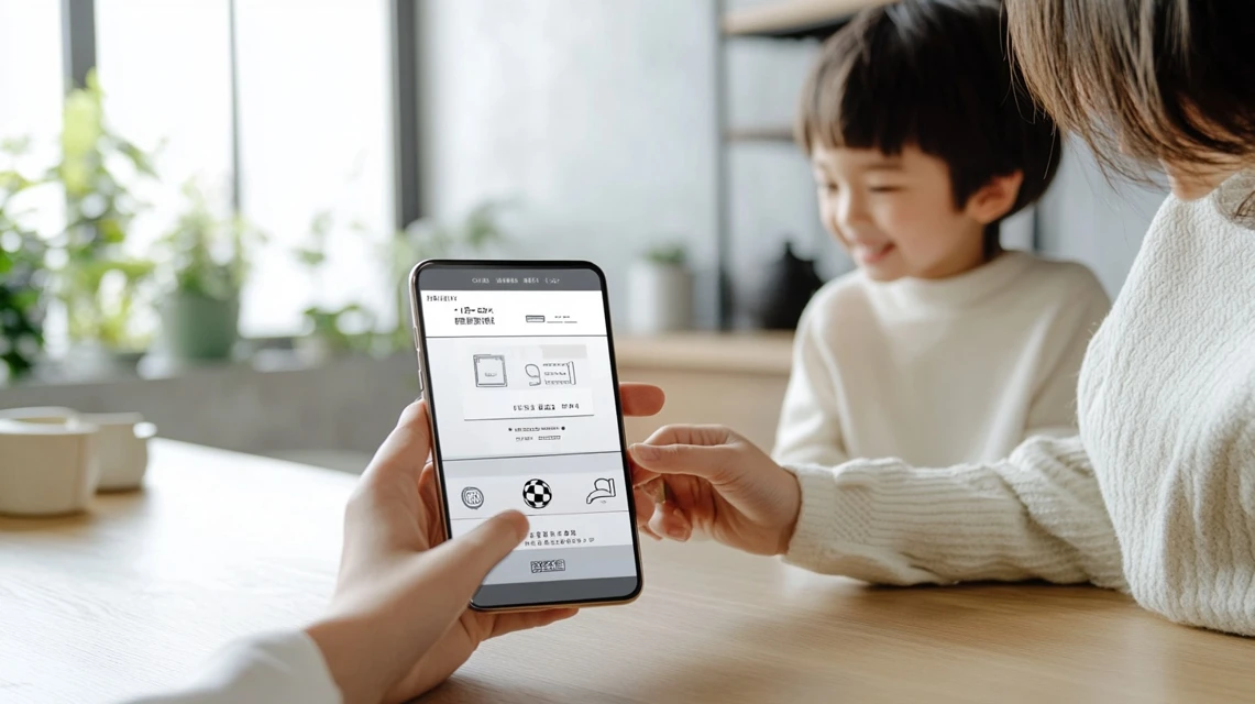 日本人の家族がスマートフォンでサッカーのチケットをオンライン購入している場面