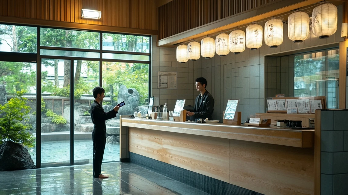 受付で会員証を提示して入館する日本人男性
