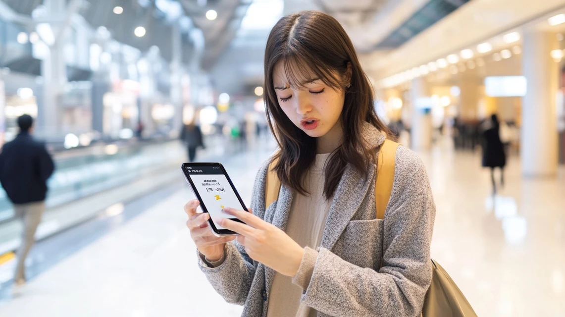 割引が反映されずスマホを見つめる日本人女性のイメージ