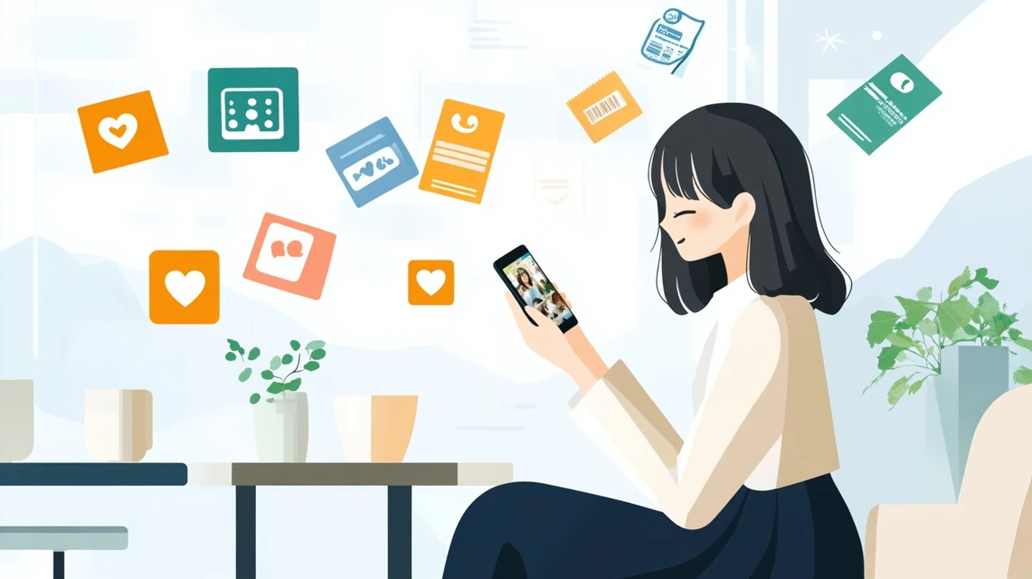 日本人女性がスマホでクーポン情報を確認しているシーン