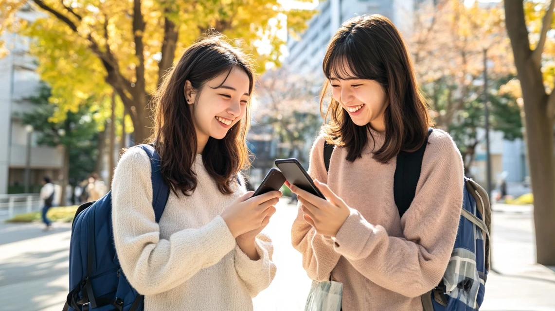 大学構内でスマートフォンの画面を見ながら笑い合う日本人の学生二人