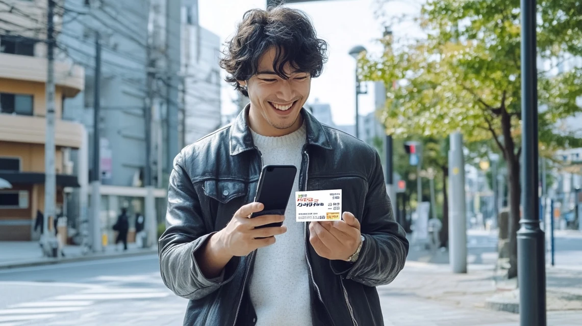 日本人カップルが靴店でクーポンを使って買い物を楽しむ様子