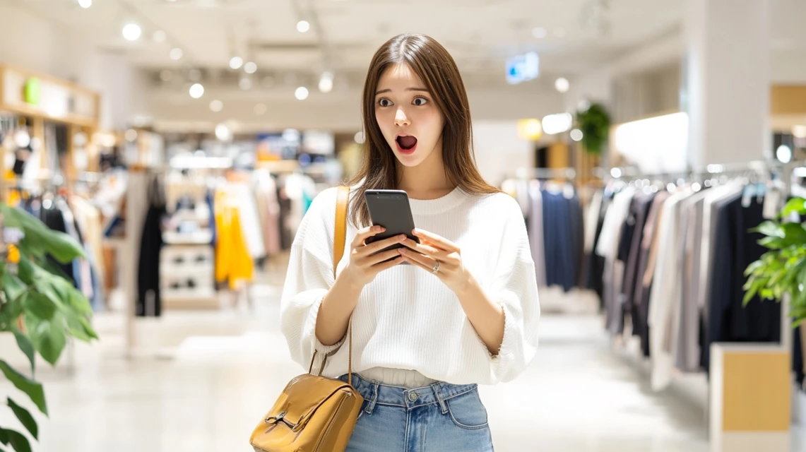 日本人女性が店内でスマートフォンを見て驚いている様子