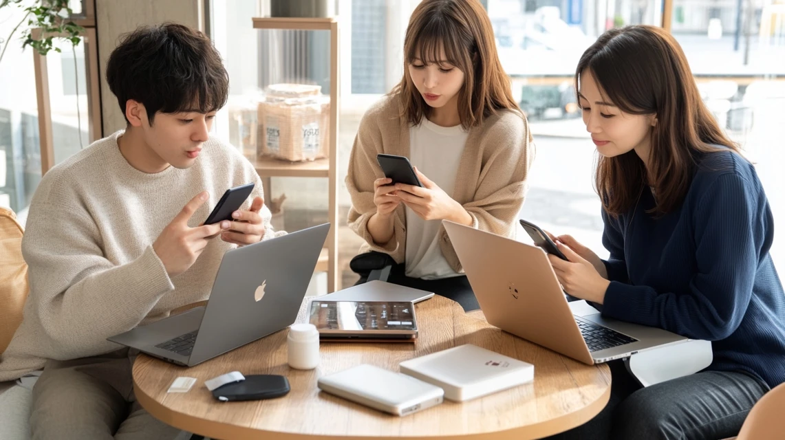 ノートパソコンやスマートフォンを見ながら話し合う日本人のグループ