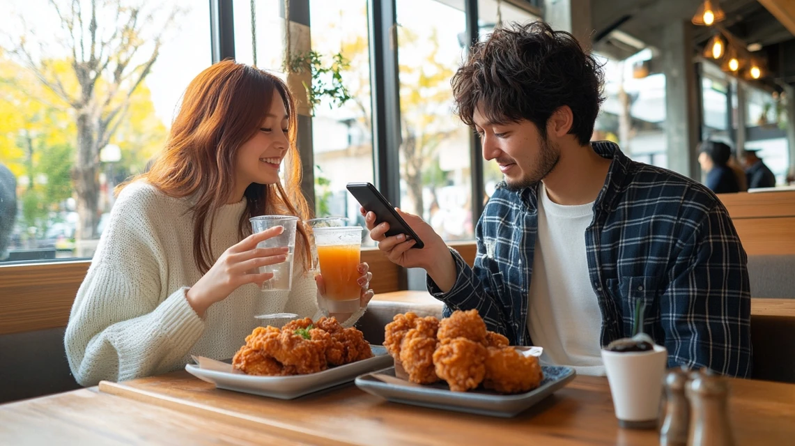 ケンタッキーの無料クーポン取得方法を確認しながら利用する日本人カップル