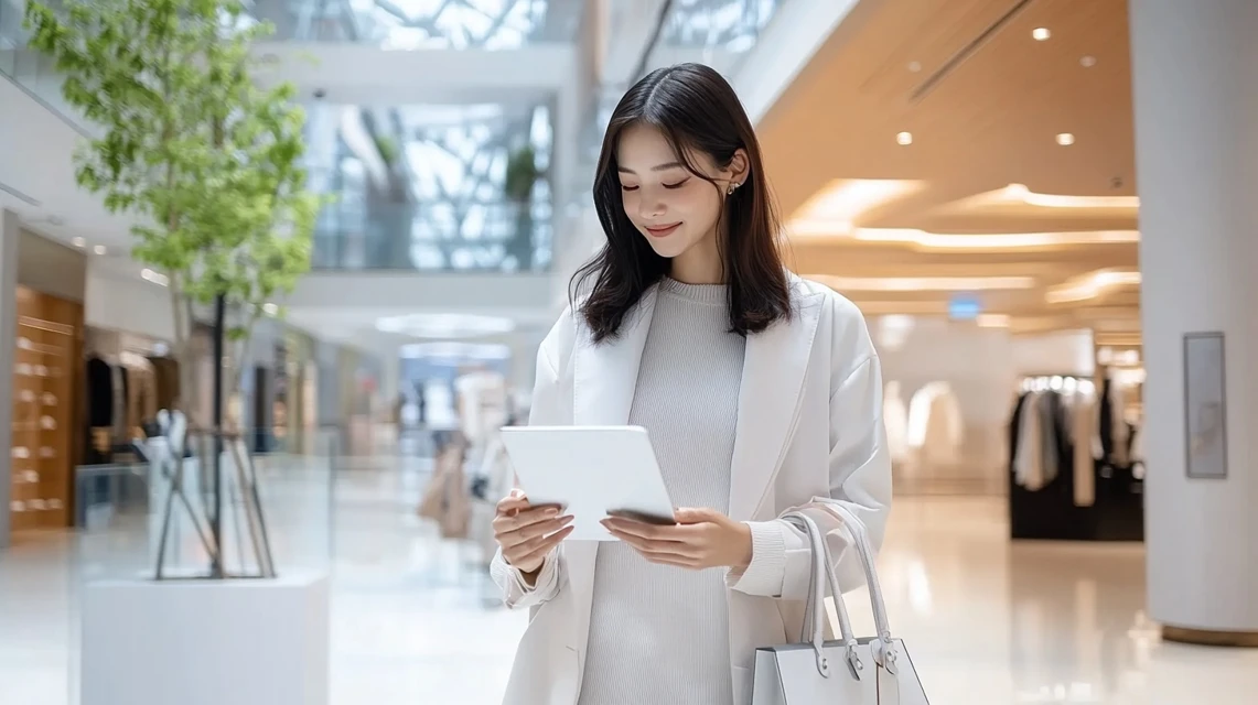 誕生日クーポンを手にしながらオンライン購入を確認する日本人女性のイメージ