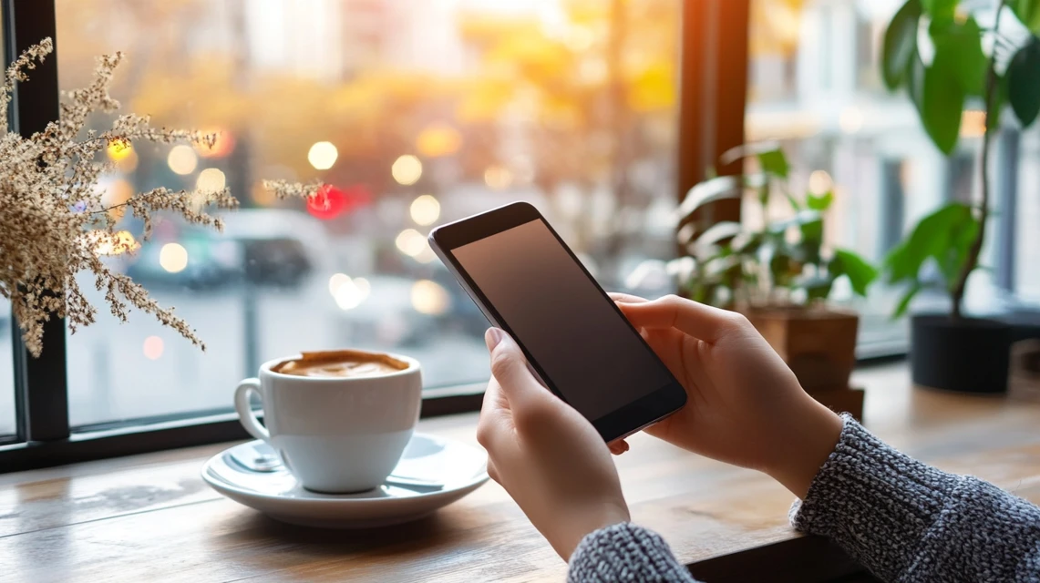 週末にくつろぎながら、限定クーポン情報をスマートフォンでチェックする日本人