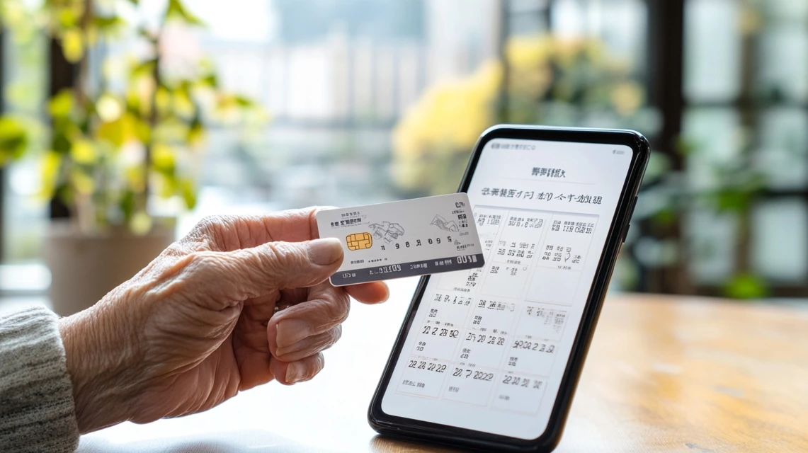 スマートフォンでシニアナナコの利用可能日を調べる高齢者の姿