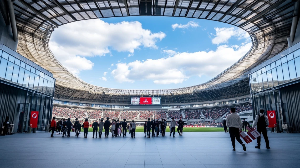 試合当日の日本のサッカースタジアムに観客が入場している場面