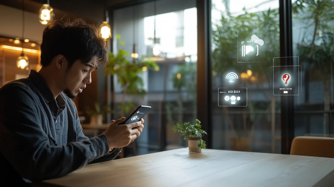 eSIMアプリの画面を見ながら悩んでいる日本人男性の表情