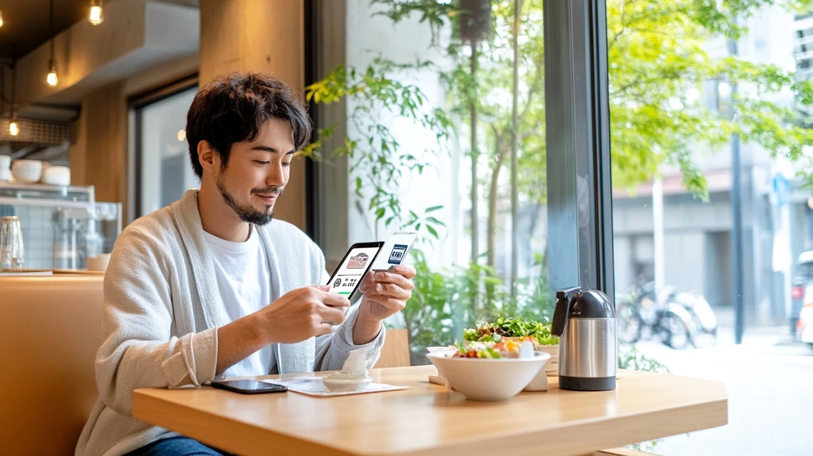 ランチタイムにスマートフォンをチェックし、クーポン通知を確認する日本人男性