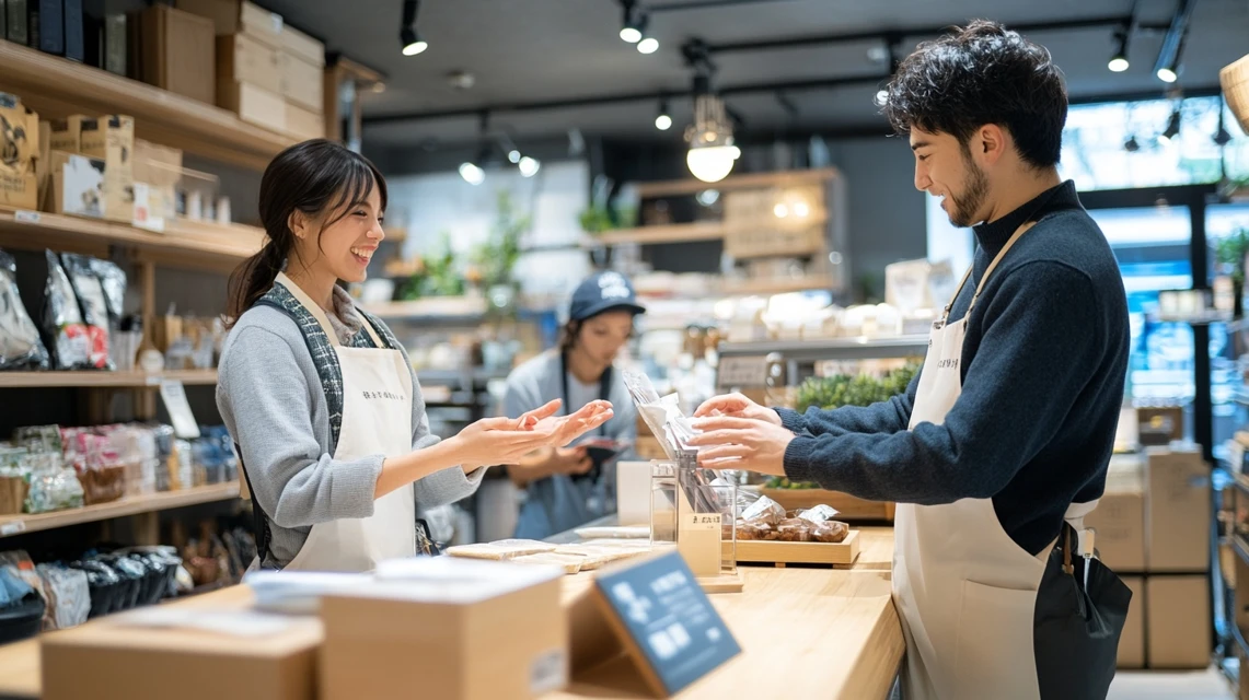 家具店で店員と価格について話し合う日本人