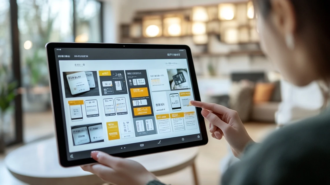 eSIMの複数購入画面をタブレットで確認する日本人の手元