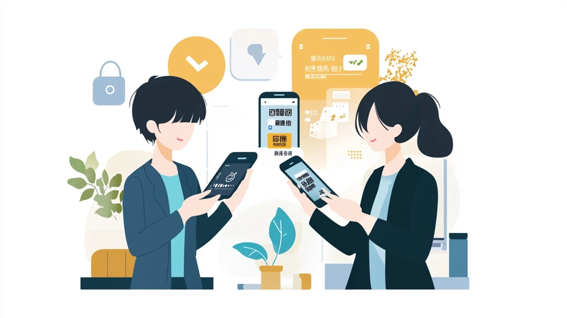 友達同士でハローサイクリングの紹介コードを送受信している日本人のイメージ