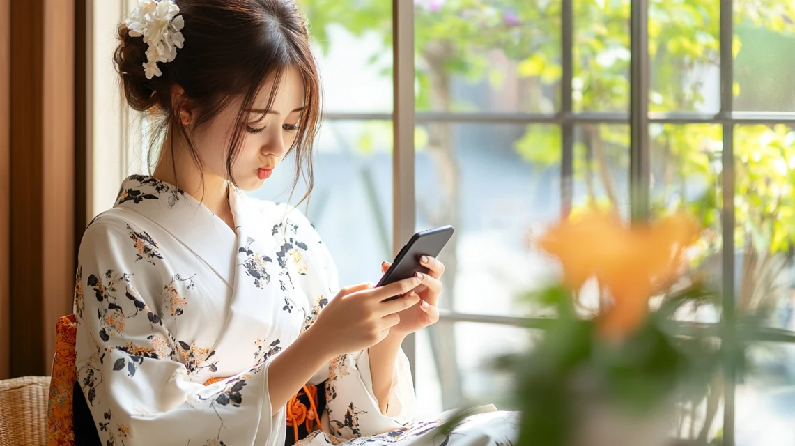 スマホ画面を見つめながら困った表情を浮かべる、ロマンティックな服装の日本人女性