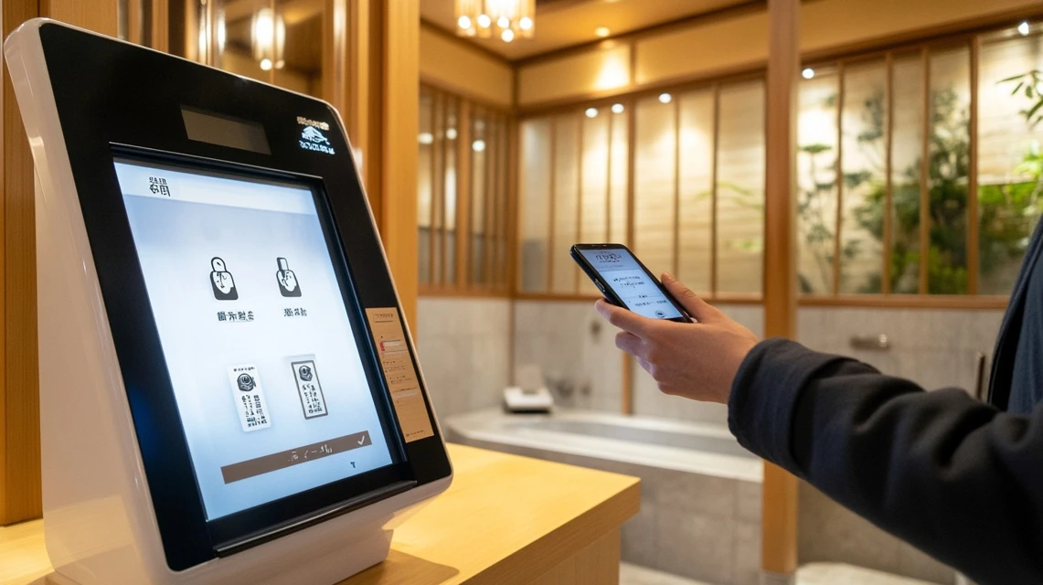 温泉受付でスマートフォン決済を利用する日本人