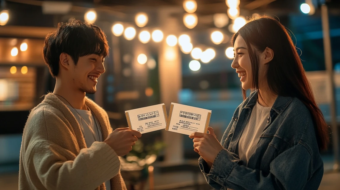 映画館受付でu-next映画クーポンを2枚提示する日本人カップル
