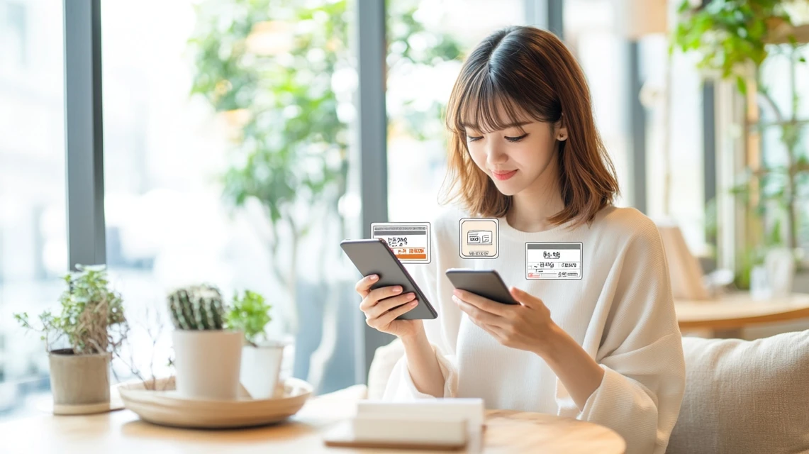 Qoo10のクーポンとツーハッチ誕生日クーポンを見比べる女性
