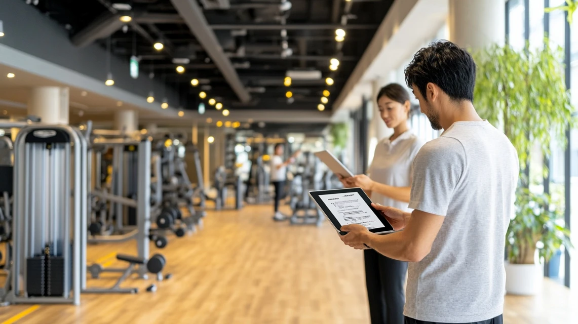 日本人男性がタブレットで入会特典を確認しているシーン