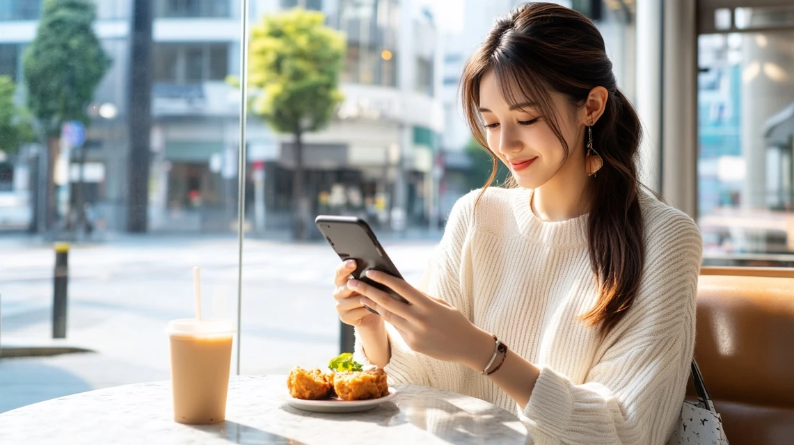 日本人女性がSNSを見ながら、ガスト宅配クーポン番号や裏ワザ情報を探している様子。